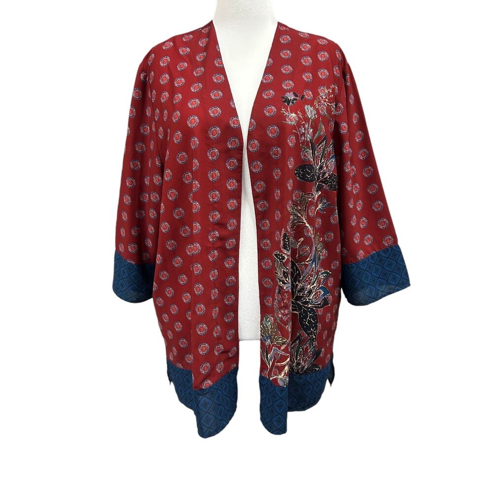 Norm Thompson Floral Open Front Kimono Sz XL Red